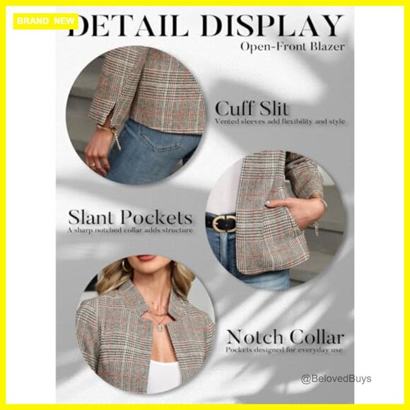 Plaid Blazer Open Front Stand Collar Boyfriend Jacket Work Casual - Picture 6 of 7